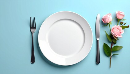 シンプルな皿とナイフとフォークのイメージ画像
　パステルカラーの背景