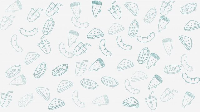Food doodle art with blue outlines of fast food items. Great for menu design, food blogs, and restaurant promotions.