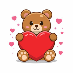 Obraz premium A cute cartoon brown teddy bear sitting and holding a large red heart with small pink hearts floating around it, expressing love and affection.