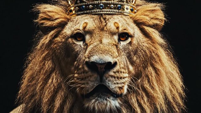 Majestic lion portrait wearing crown against black background