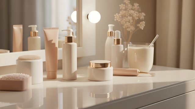 A blurred view of a modern bathroom counter with various skincare and beauty products