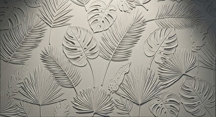 Textured wall art featuring tropical foliage in neutral tones
