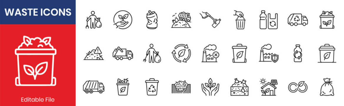 Waste Management Icon Collection Thin Line Set For Recycling