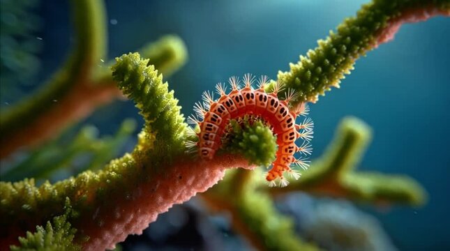 Macro view of a colorful marine bristle fireworm on coral