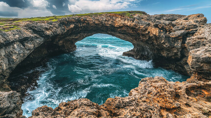 Coastal cliff sea arch ocean wave beneath stormy sky, rugged rock coastline