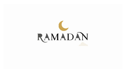 Minimal Ramadan Kareem typography vector with gold crescent moon and cloud elements