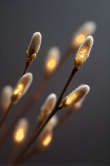 Soft catkins on willow branch with glowing lights for Palm Sunday greeting card. Spring nature beginning and religious holiday concept.