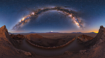 Milky way desert landscape atacama chile, panoramic night sky over dune