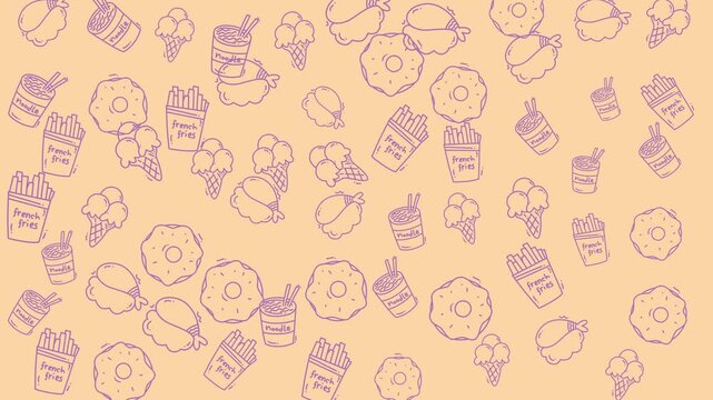 Food doodle art collection with handdrawn items like donuts, fries, and noodles for food blogs, culinary designs, or restaurant menus.