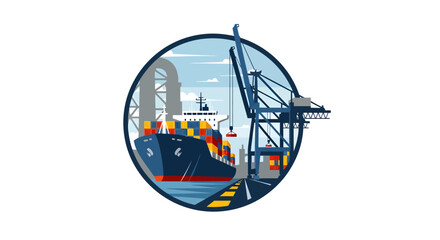 Cargo Ship and Crane at Port in Circular Frame.