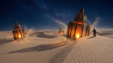 Fototapeta premium Enchanting desert lanterns casting a warm glow under a starry night sky, creating a mystical and surreal landscape