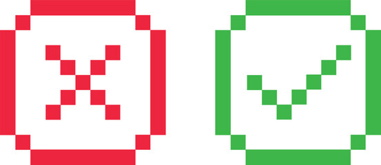 Pixel Art Check Mark and Cross Icon Set - Red X and Green Tick Symbols for UI Gaming and Web Design