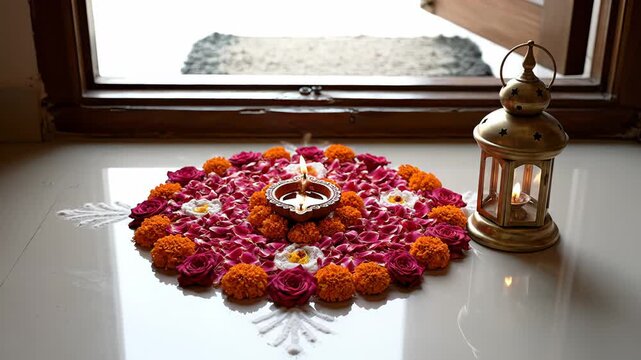 Hands lighting traditional oil lamps decorated with vibrant pink red and orange marigold flowers and white blossoms arranged in a circular pattern with delicate white powder art design and a brass
