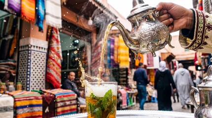 Obraz premium Traditional Moroccan mint tea being poured from an ornate silver teapot into a glass in a bustling marketplace