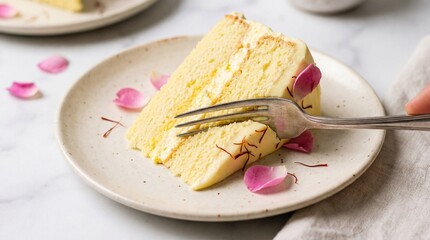 A fork is cutting a slice of a pale yellow cake adorned with delicate pink rose petals and saffron threads on a white ceramic plate