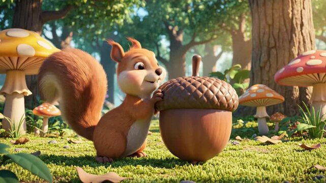 Cartoon squirrel with acorn in forest sunlight nature and wildlife concept