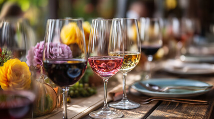Naklejka premium Festival de la Vendimia, Elegant Wine Tasting Table with Red and Rosé Glasses During Festival de la Vendimia