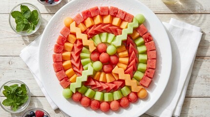 Vibrant and fresh fruit platter arranged in a colorful spiral pattern, perfect for parties and gatherings