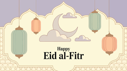 Happy Eid al- Fitr greeting card with lanterns and crescent moon Eid al-Fitr clouds 