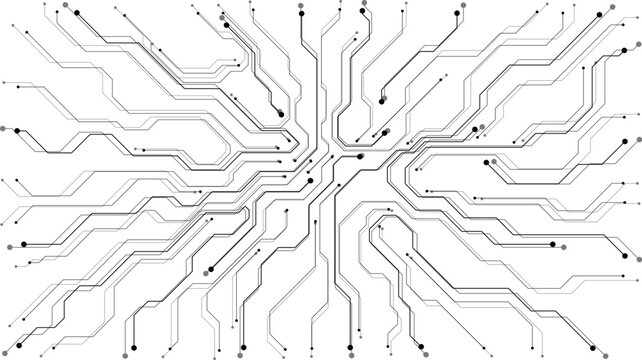 Digital circuit board background showcasing white electronic patterns. Vector tech design with semiconductor lines, motherboard elements, and modern circuitry composition. Digital vector illustration