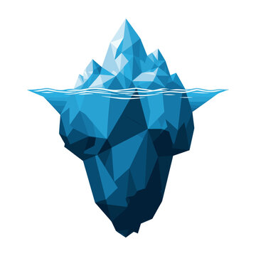 Low poly style blue iceberg floating in water, showing both visible and submerged parts, isolated on white background.