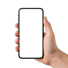 Hand holding blank smartphone isolated on transparent background