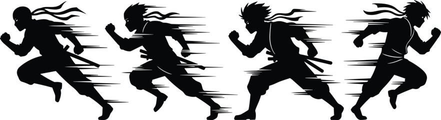 Running ninja silhouette set, black vector illustration with motion lines, dynamic poses, swords and headbands for action, animation, and character design themes © KanonRani art