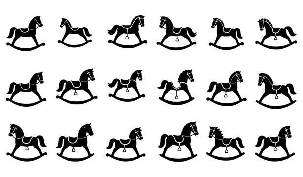 Rocking horse silhouette vector set of 24 classic toy designs