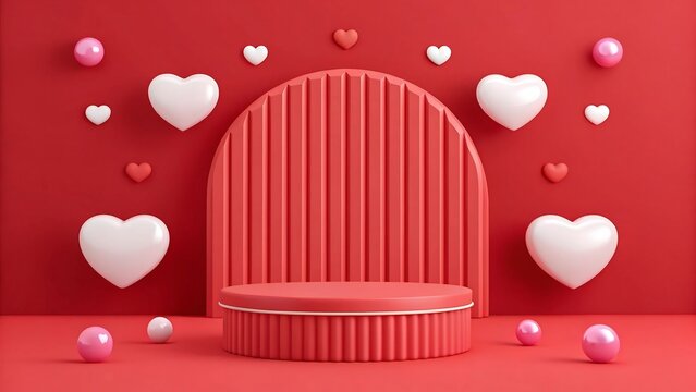 3d rander of the podium is used for merchandise display decorated with hearts on Valentine's day, Red heart-themed display with pedestal, Red heart-themed display with pedestal.