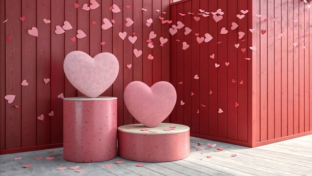 3d rander of the podium is used for merchandise display decorated with hearts on Valentine's day, Valentine's day gift boxes with heart shapes.