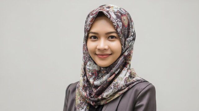 Professional footage of a Beautiful Young Muslim Woman Wearing a Hijab and Blazer on a Neutral Background