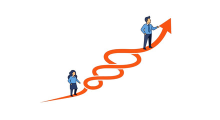 Fototapeta premium Business People Climbing Winding Growth Arrow. Corporate Success Path, Strategy, Career Development, and Achievement Concept Vector Illustration.