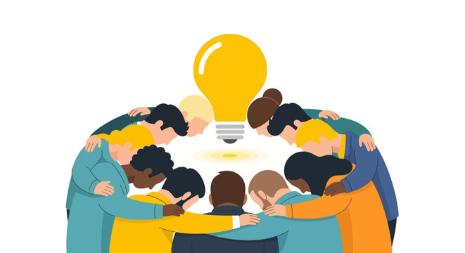 Teamwork Brainstorming Huddle: Diverse Business Group Embracing a Central Idea Lightbulb. Collaboration and Unity Concept Vector.