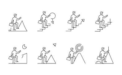 Outline business career advancement icons depicting professional person reaching goals on different paths