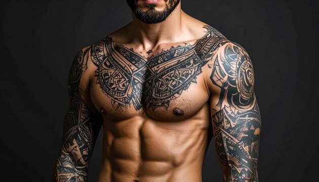 Muscular Man Showing off Intricate Tribal Chest and arm tattoo Sleeve