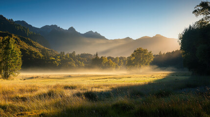 Sunrise mountain valley mist over meadow, golden light across forest and peak