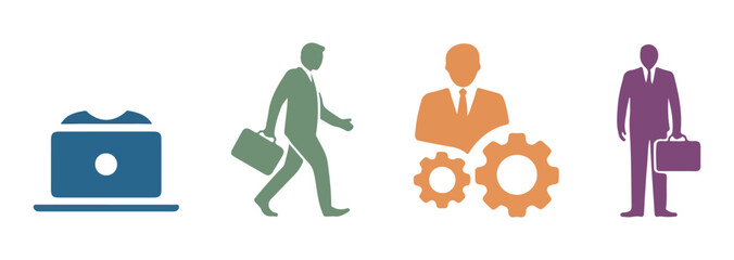 Business icons, laptop, meeting, workflow, teamwork, gears and business man with briefcase, corporate theme