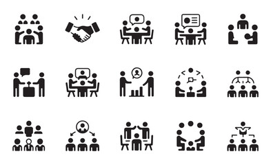 Business meeting and teamwork icons, handshake, presentation, collaboration, people group and workflow