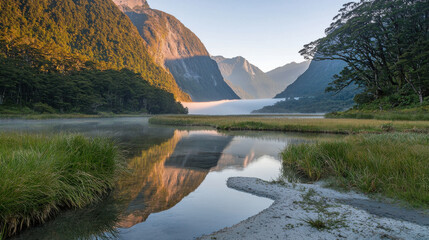 Sunrise mountain valley river reflection with mist, South Island New Zealand wilderness