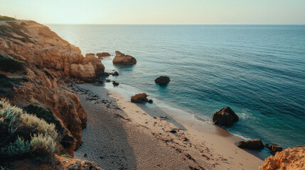 Sunset coastline cliff beach ocean, golden light over rocky shore and calm water