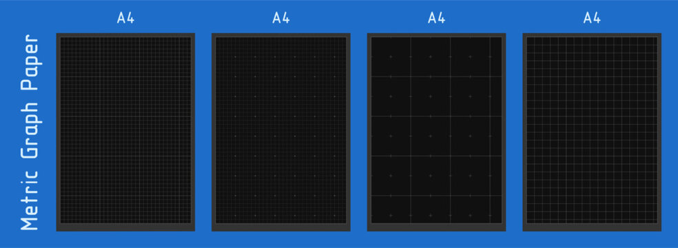 Blueprint black grids. Metric graph paper set. Blank mm sheets for technical drawing, engineering sketch, architectural design, note, school project. Tech vertical background. Vector illustration