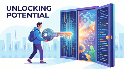 Young professional holding glowing circuit key approaching an open door displaying code, data and mechanical gears, concept for digital transformation, career advancement and potential unlocking