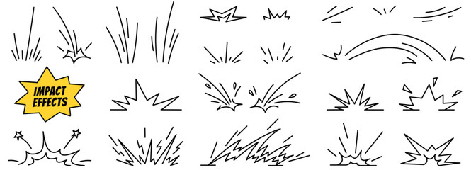 Doodle superhero impact effects. Comic elements of speed, jump, crash, action lines, explosion symbols. Hand drawn icon set in cartoon style. Vector illustration isolated on a white background.