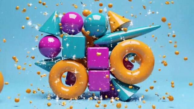 Abstract colorful geometric shapes floating against a light blue backdrop