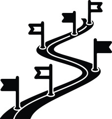 Silhouette winding road with success flags showing journey and milestones illustration vector