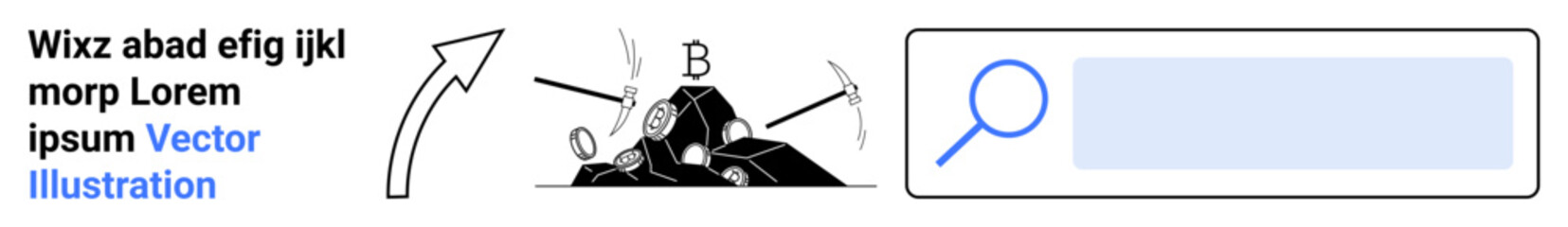 Data mining, information search, digital research, information extraction, analytics, resource excavation. Tools thumbs up pickaxe and magnifying glass. Data mining and information search concept