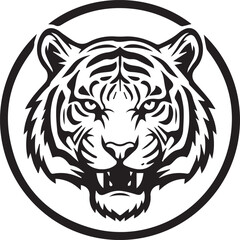 Fierce Tiger Mascot Emblem Bold Black and White Circular Logo Featuring a Detailed Tiger Head with a Powerful Expression