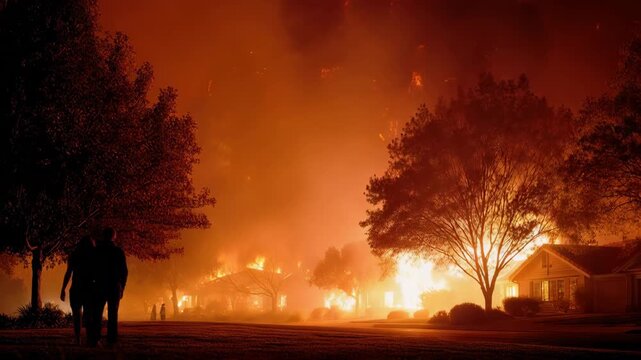 Residents walk along suburban street as wildfire engulfs homes and trees with heavy smoke at night