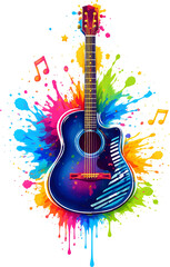 Farbenfrohe Akustikgitarre mit explodierenden Farbspritzern und schwebenden Musiknoten im modernen Graffiti-Stil