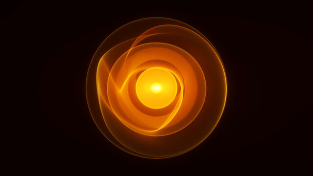 Warm golden abstract energy sphere with layered glowing waves and smooth energy motion forming from darkness. Futuristic digital orb with deep contrast and radiant core.